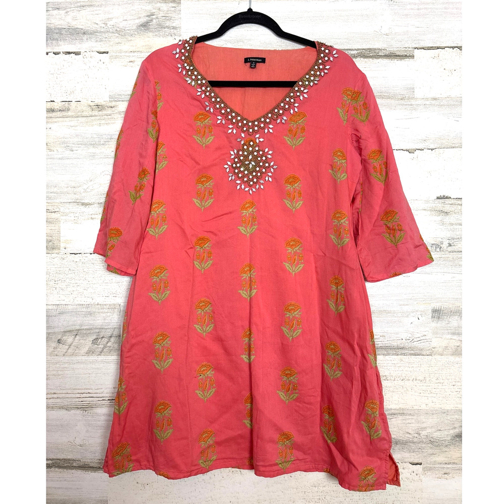 J Peterman Womens S Coral Beaded Gem Floral Tunic Boho Blouse Mini Dress Luxe